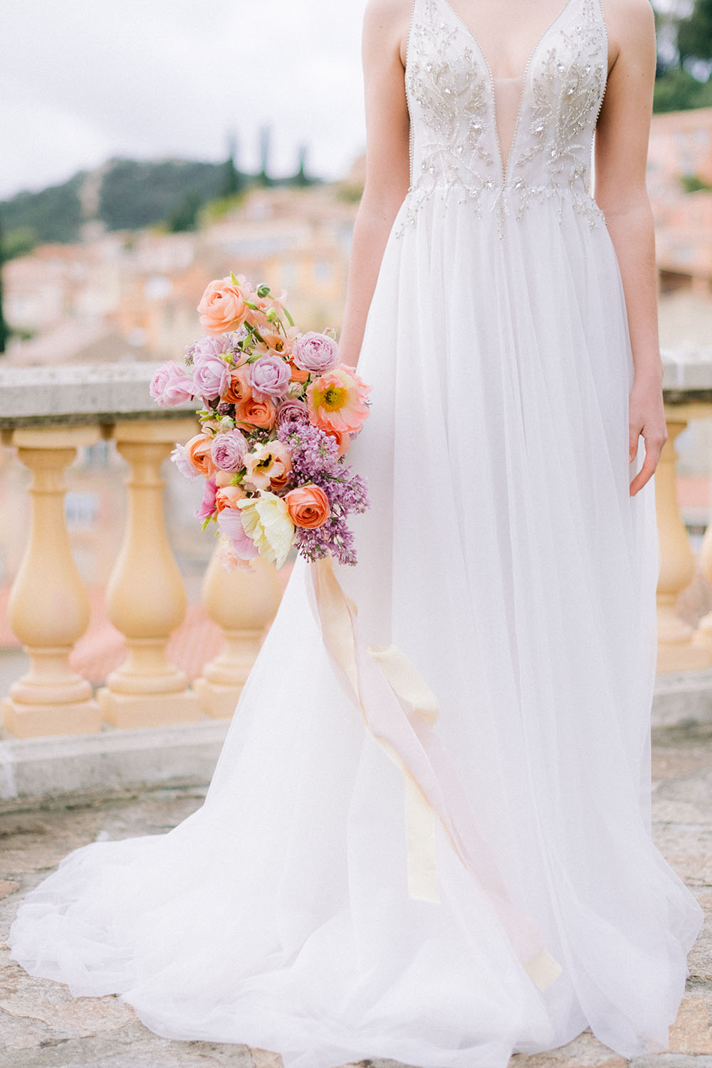 wedding dress with wedding bouquet